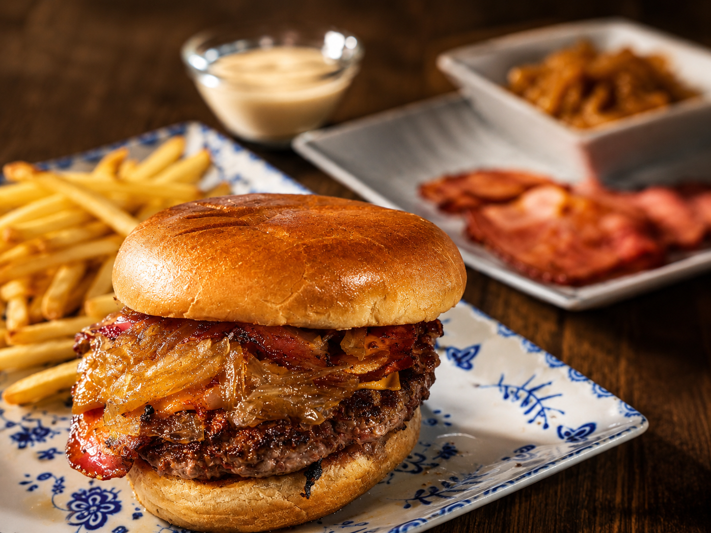 Hamburguesa Especial La Verja con bacon y cebolla frita