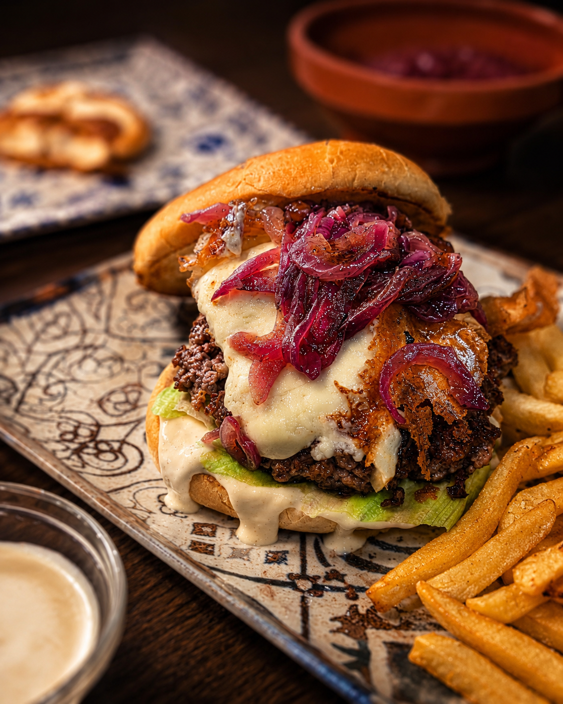 Hamburguesa de queso de cabra con cebolla caramelizada